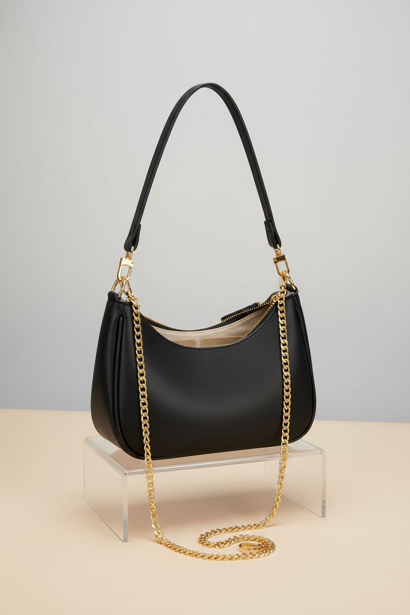 KKXIU black shoulder bag showcasing design and features on a studio backdrop