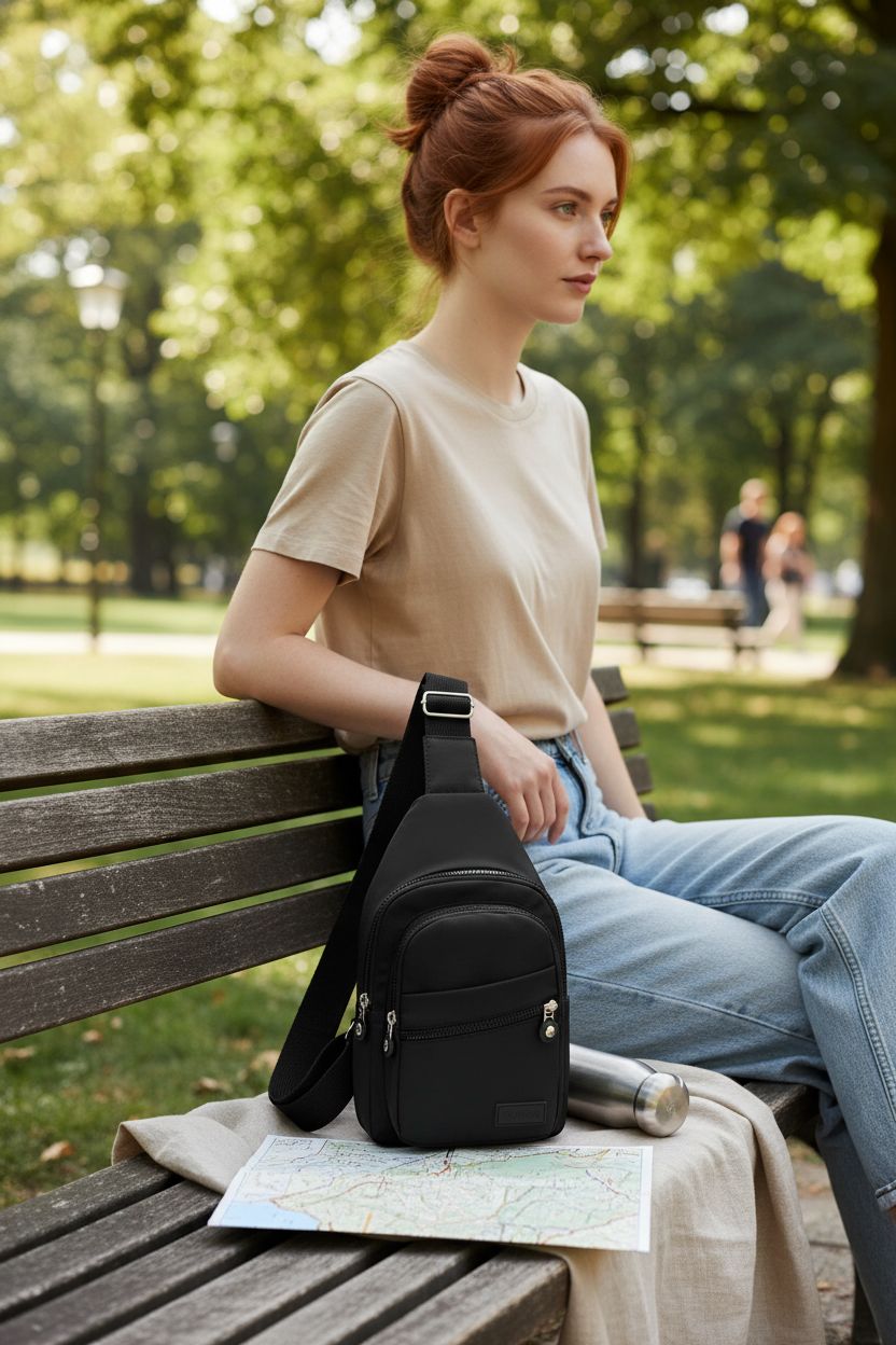 Black sling crossbody bag by Banelu resting on a park bench next to a trail map, suggesting relaxation.