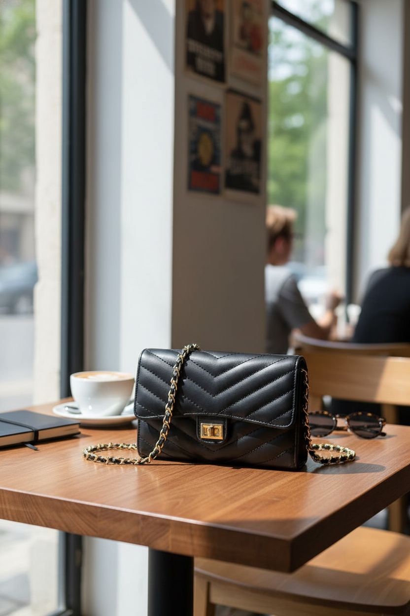YAZEKOUS black quilted crossbody purse on a café table, evoking a relaxed, on-the-go vibe.