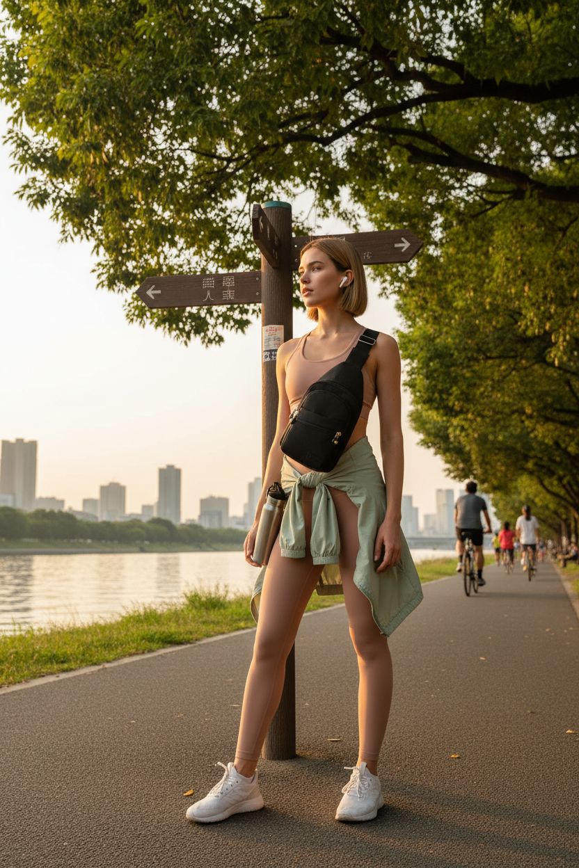 Banelu black crossbody bag worn over athletic gear on a riverside trail, perfect for hiking.