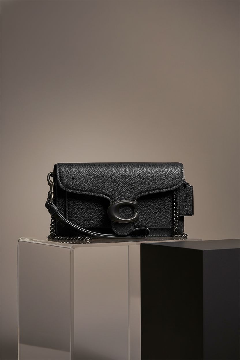 Close-up of Coach Polished Pebble Tabby Wristlet, showcasing its fine leather and sophisticated silhouette.