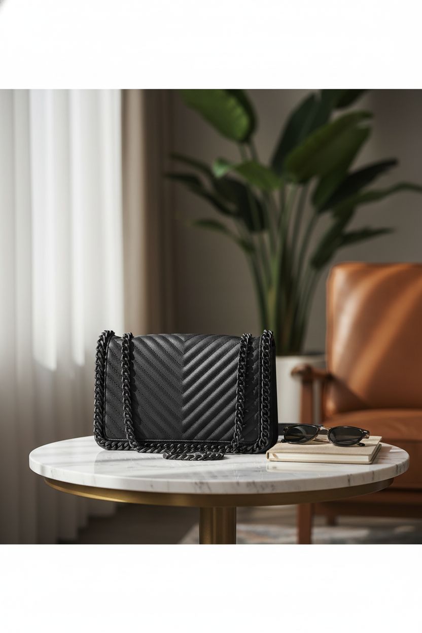 ALDO black designer purse elegantly displayed in a stylish boutique hotel setting