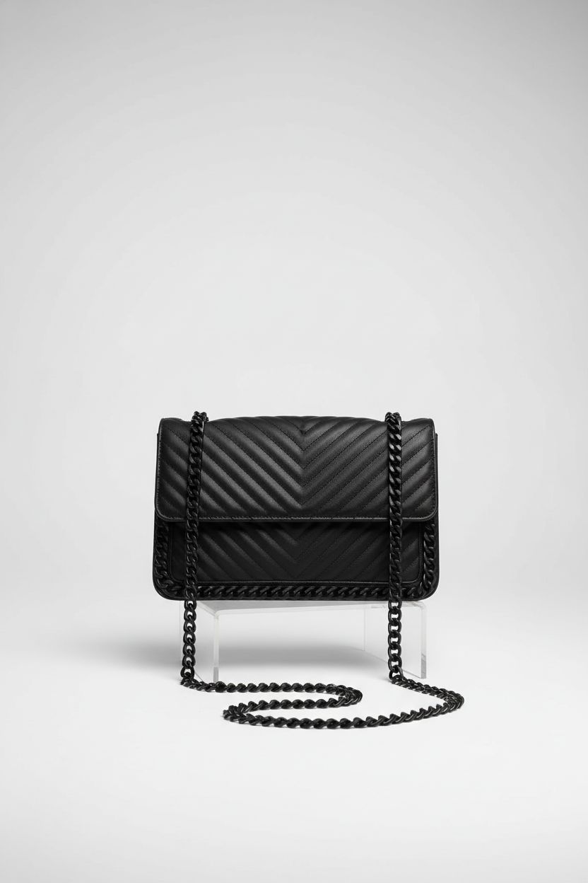 ALDO black designer purse featuring chevron stitching on a minimal studio backdrop