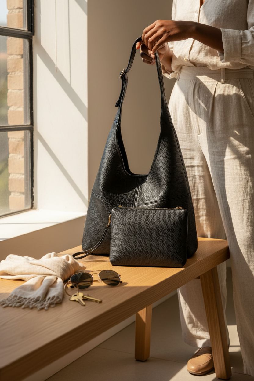 Montana West black hobo bag resting on a bench, emphasizing its stylish and practical design for easy access.