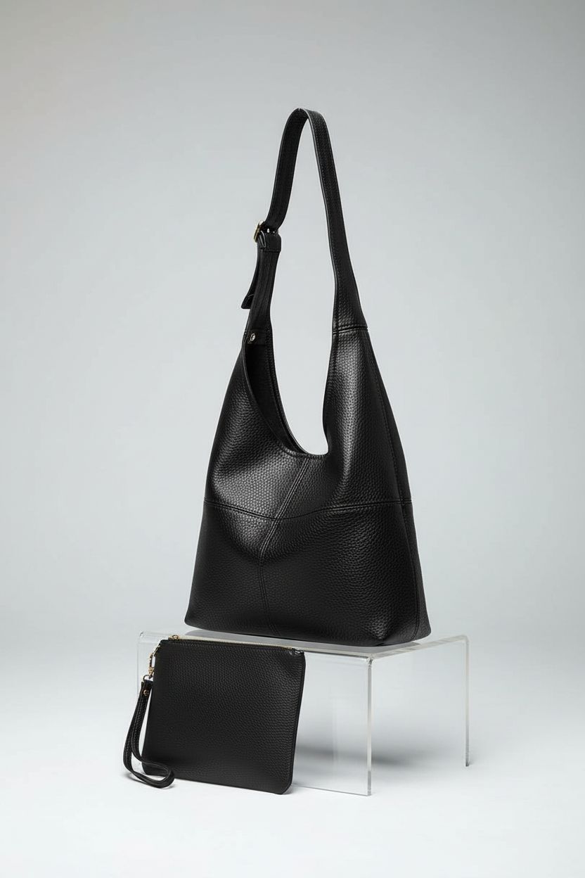 Montana West black hobo bag displayed in a studio, focusing on its texture and quality craftsmanship.