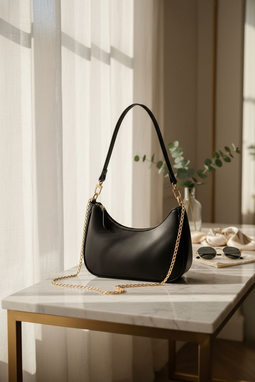 KKXIU black leather purse elegantly placed on marble console with sunlight ambiance.