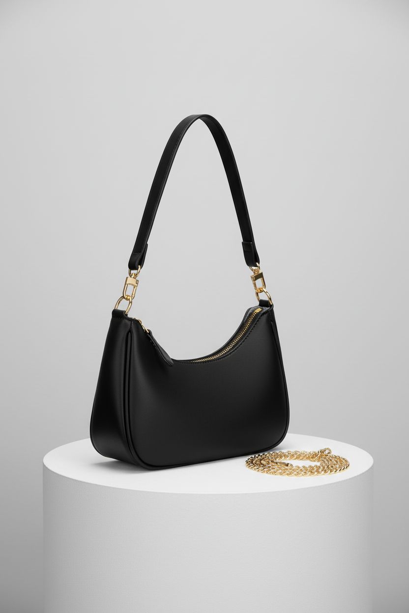 KKXIU black leather purse on studio set, highlighting clean design and gold hardware.