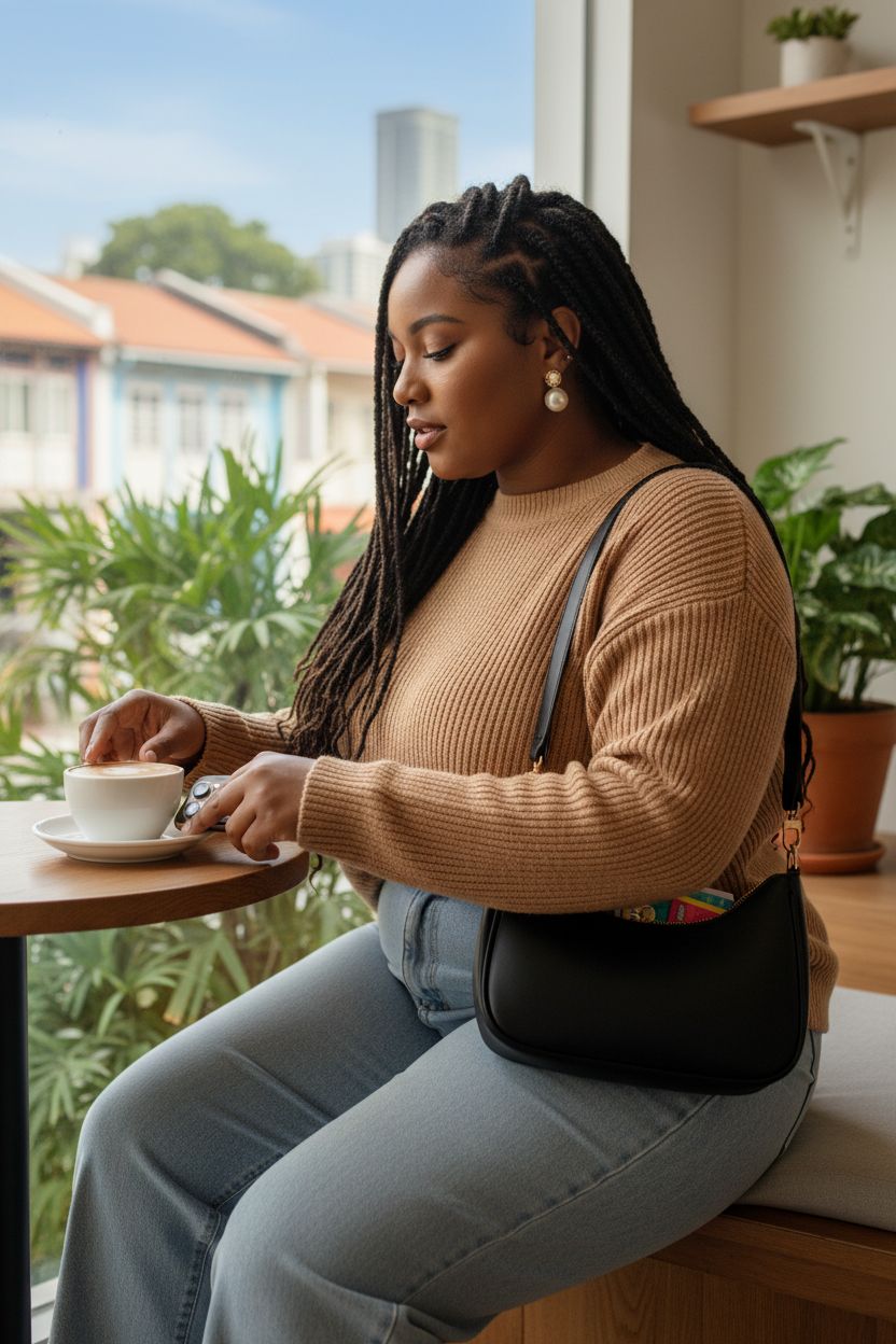 KKXIU black leather purse on café table, showcasing smooth PU leather and practicality.