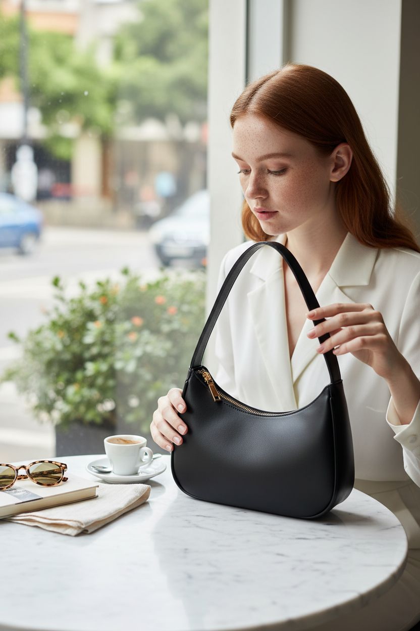 CYHTWSDJ black mini hobo purse on marble table with coffee and book, capturing a relaxed mood.