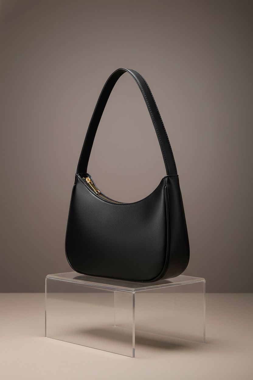CYHTWSDJ black mini hobo purse displayed on acrylic pedestal, highlighting sleek design and details.