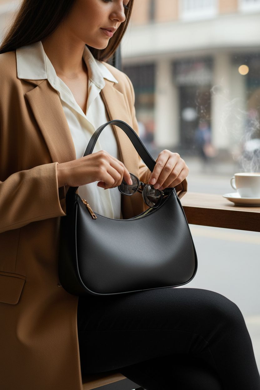 CYHTWSDJ black mini hobo purse on lap at café, showcasing zipper detail and stylish design.