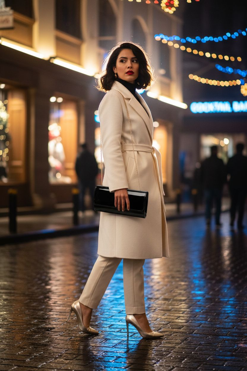 DETARA black patent leather purse showcased on a rain-slick street near a cocktail bar, perfect for evening outings.