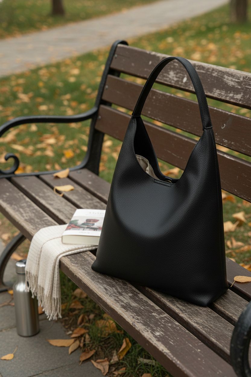 HOXIS black hobo bag resting elegantly on a bench in a serene park setting.