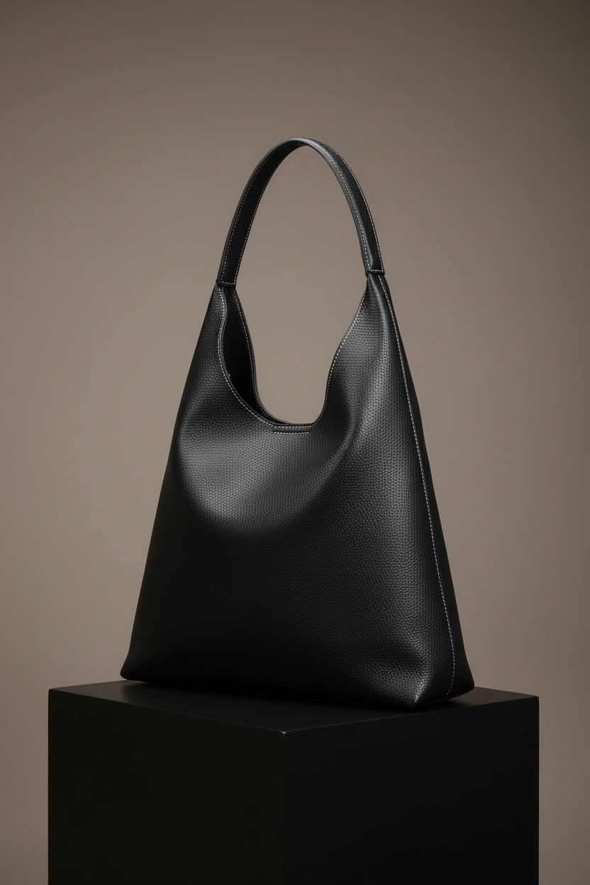 HOXIS black hobo handbag displayed on a studio pedestal, highlighting its design.