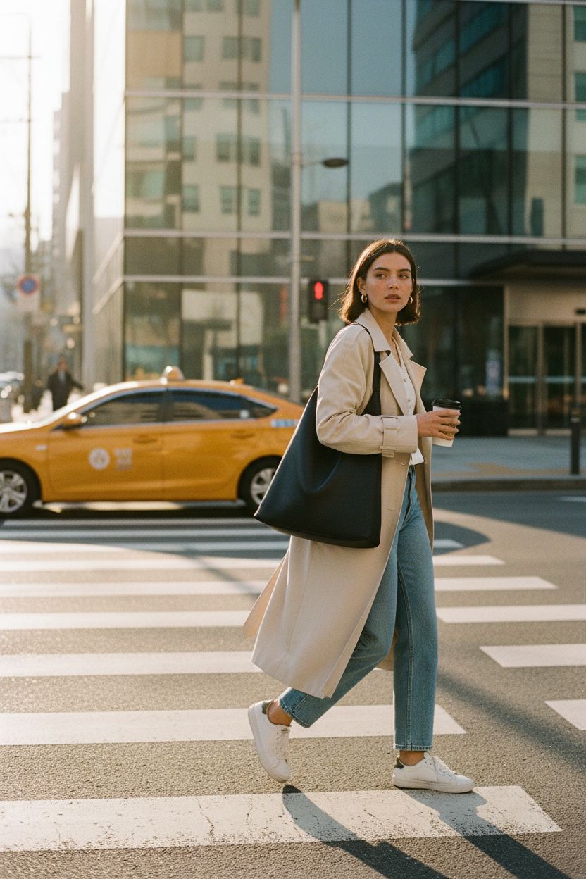 HOXIS black slouchy hobo bag on shoulder during a sunlit morning commute.