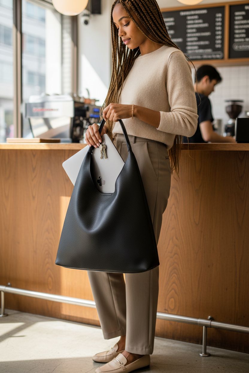 HOXIS black vegan leather handbag showcasing its interior at a bright café.