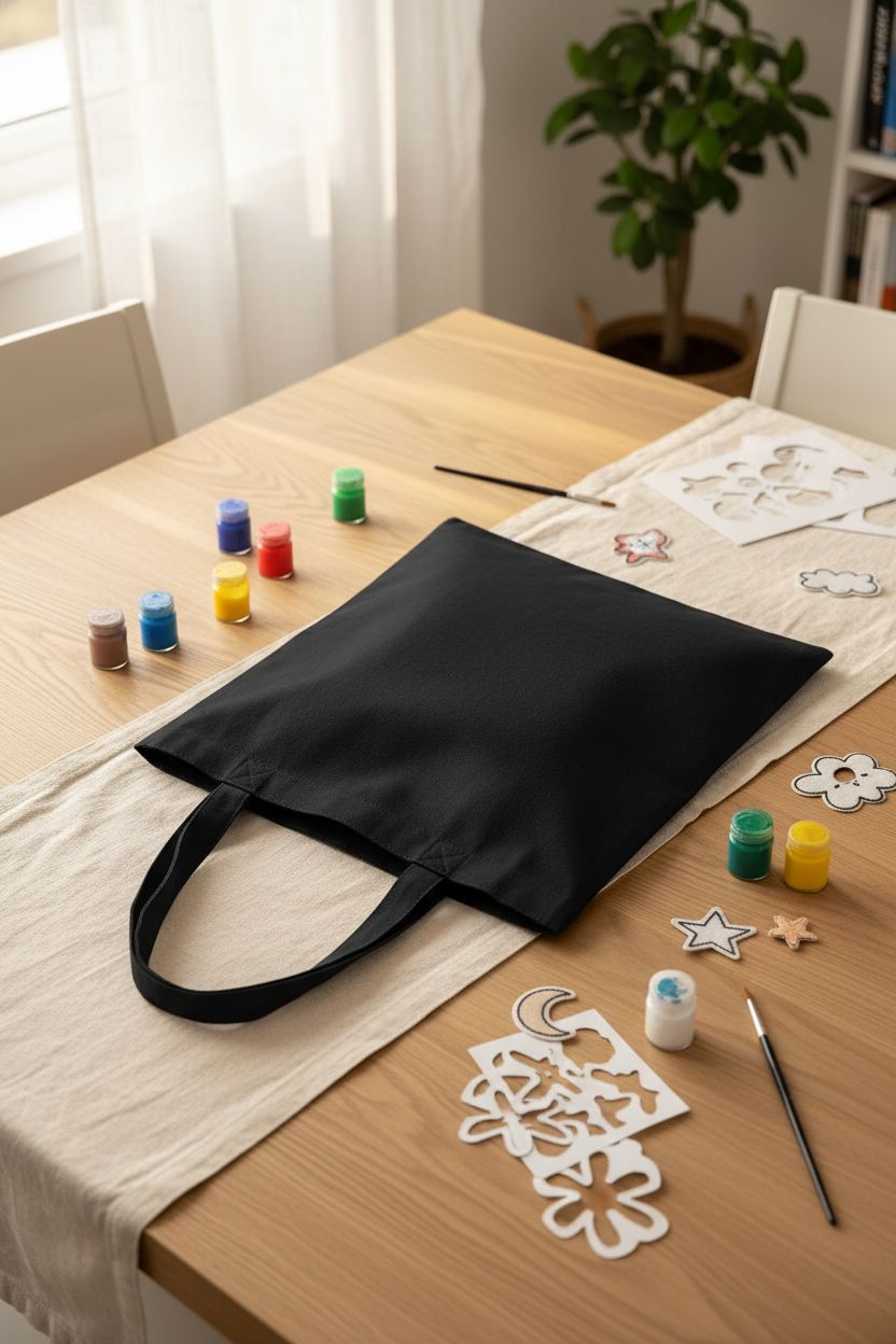 Black tote bag displayed in a sunlit dining nook with art supplies, showcasing design.
