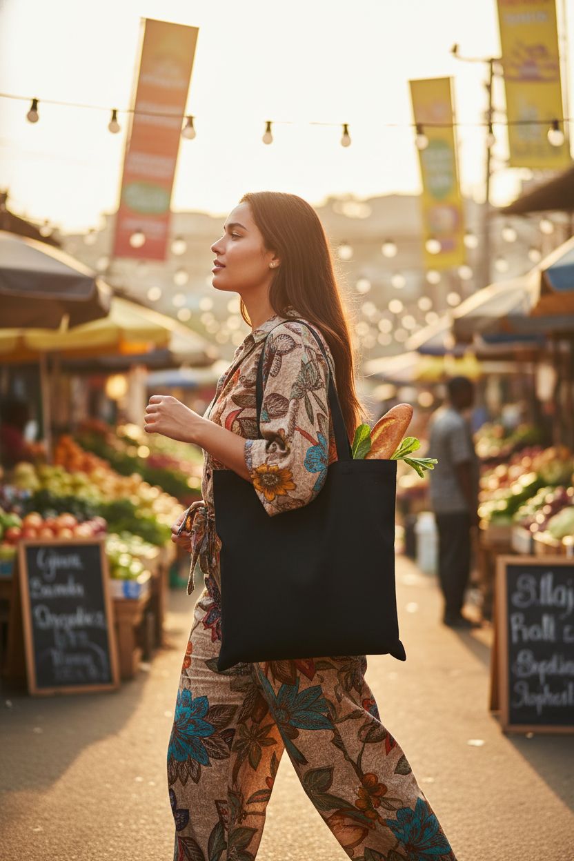 Black canvas tote bag by FF Sgdfc at a vibrant farmers' market with fresh produce.