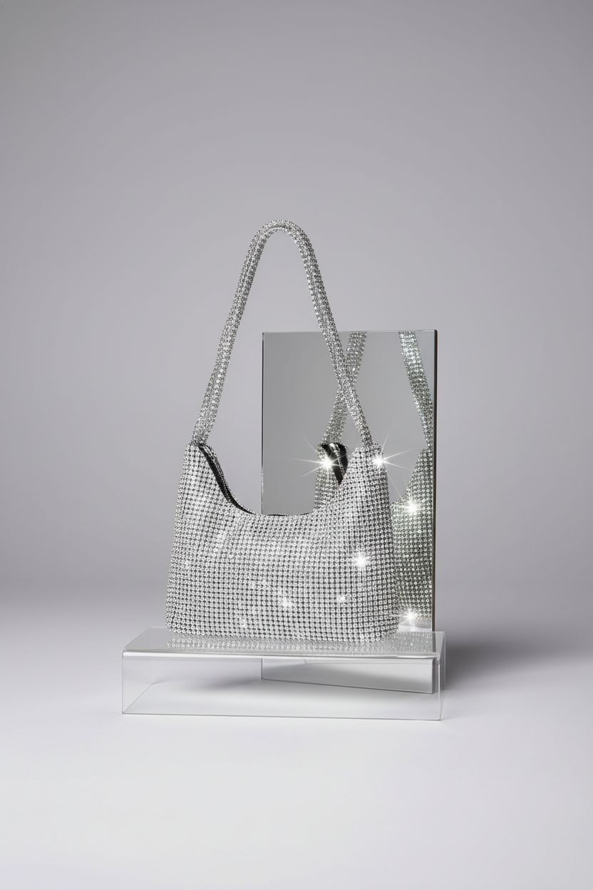 OSDUE silver clutch purse displayed on a glossy platform, showcasing its design