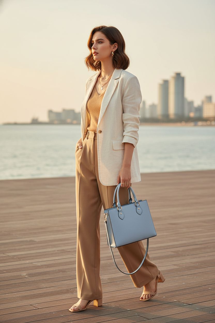 Chic CHICAROUSAL light blue handbag complementing seaside fashion on promenade
