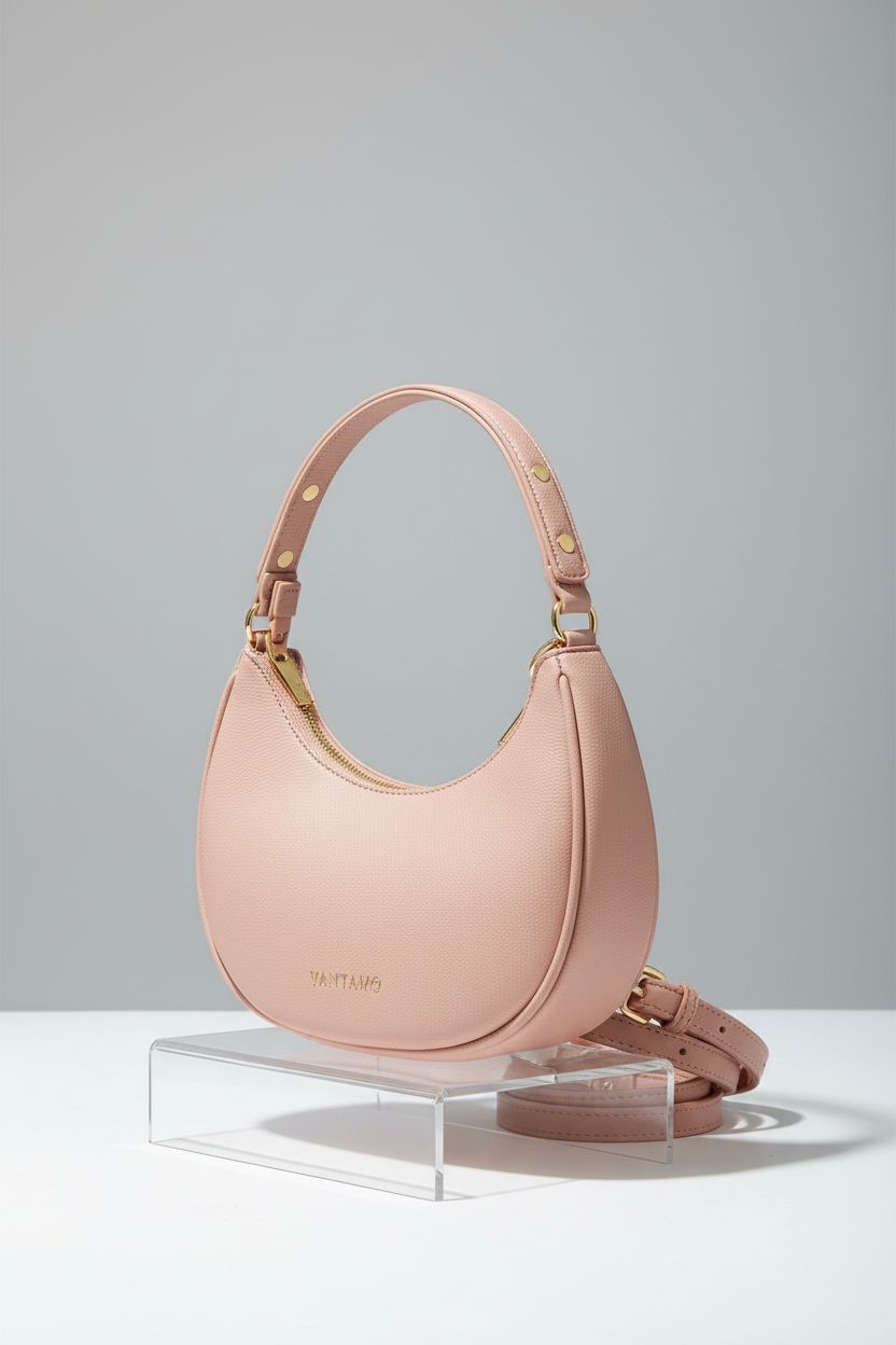 Product image of Vantamo blush crescent bag showcasing smooth PU leather