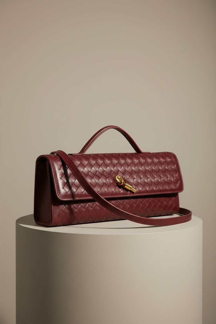 Product shot of BaiYouDa wine red evening woven clutch purse on a minimal backdrop.