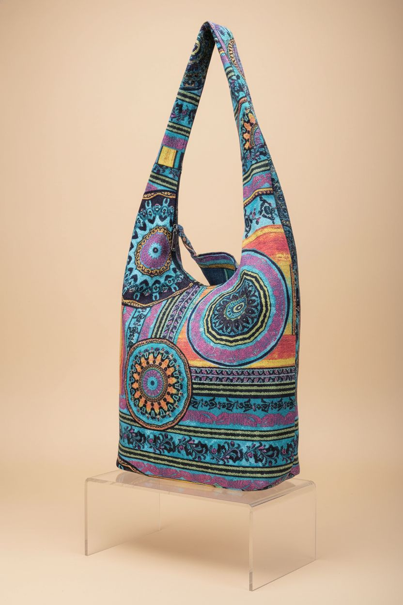 Coton Pose canvas boho bag displayed elegantly on an acrylic riser, highlighting its chic design.