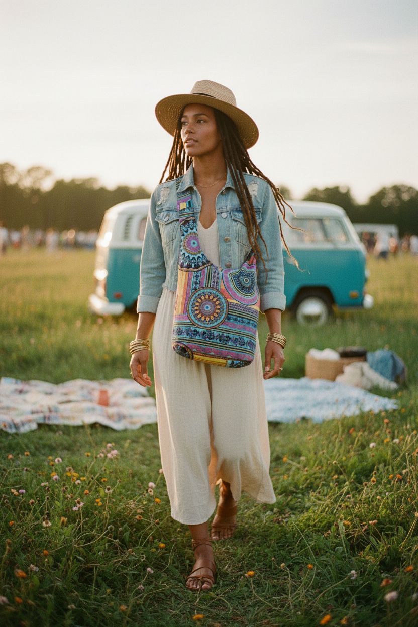 Bohemian Coton Pose shoulder bag in green-purple worn crossbody, perfect for casual outings.