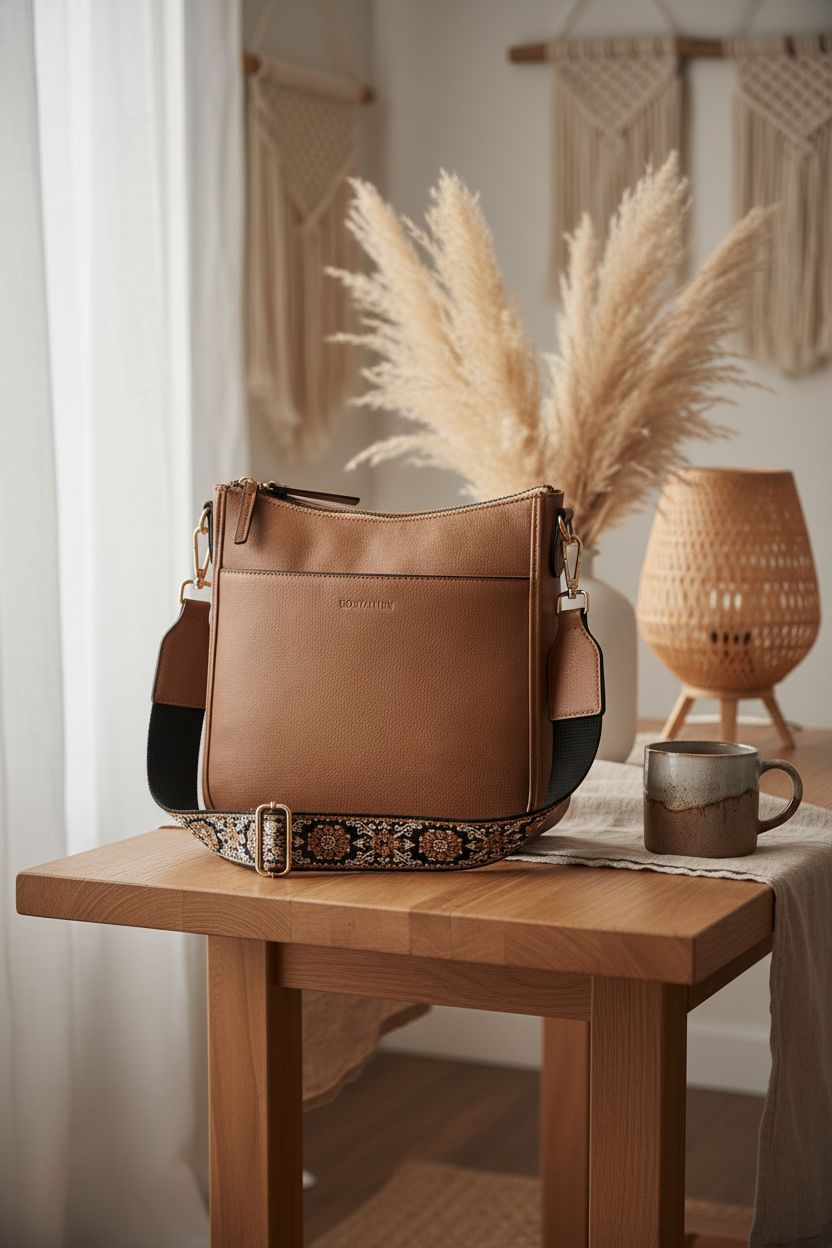 BOSTANTEN boho crossbody bag displayed in cozy living room with rattan decor