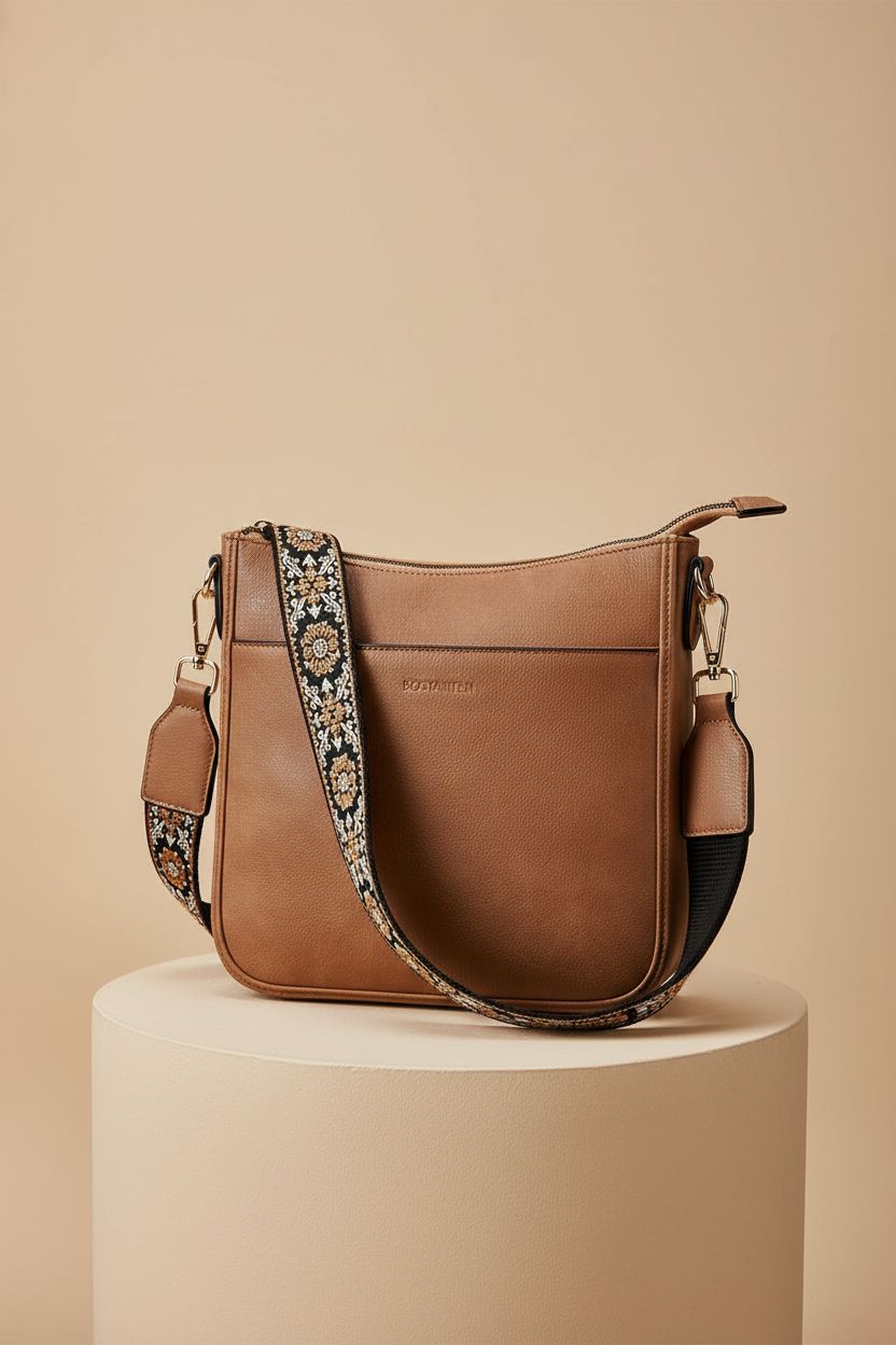 BOSTANTEN boho crossbody bag on pedestal, highlighting vegan leather craftsmanship