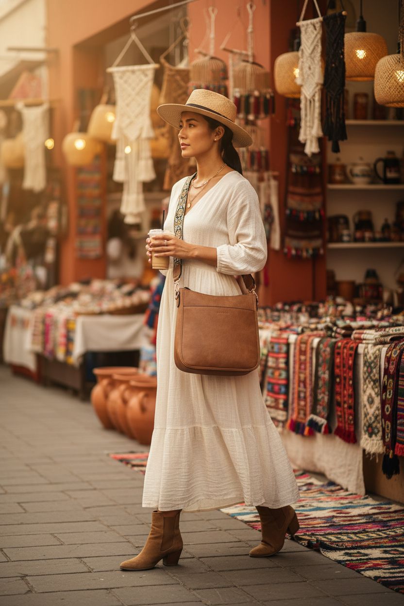 BOSTANTEN boho crossbody bag in artisan market setting with terracotta walls