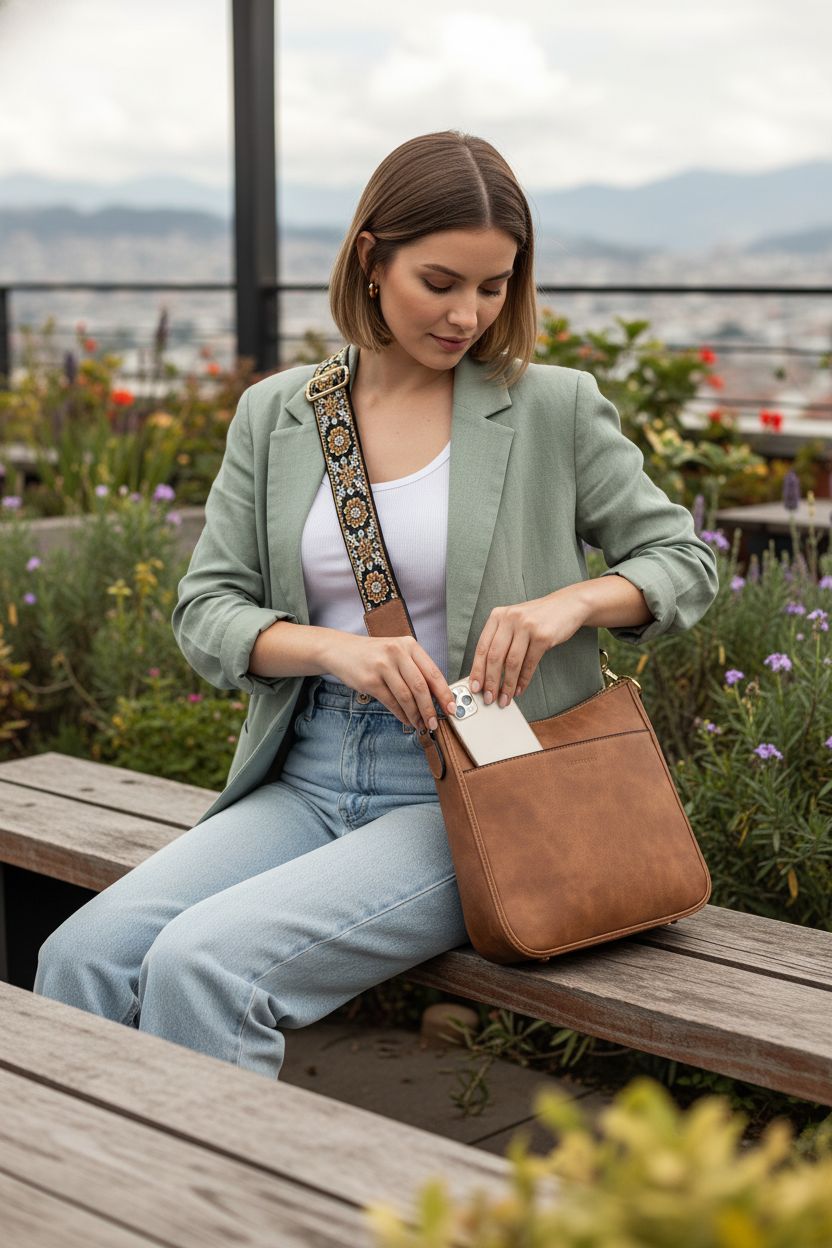 BOSTANTEN boho crossbody bag on bench in rooftop garden, showcasing functionality