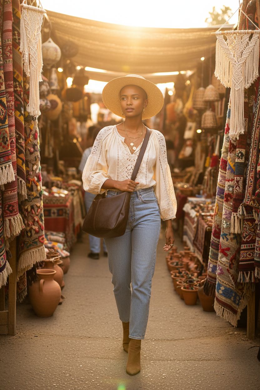 Floerns boho leather purse in coffee brown, styled against a vibrant market backdrop.