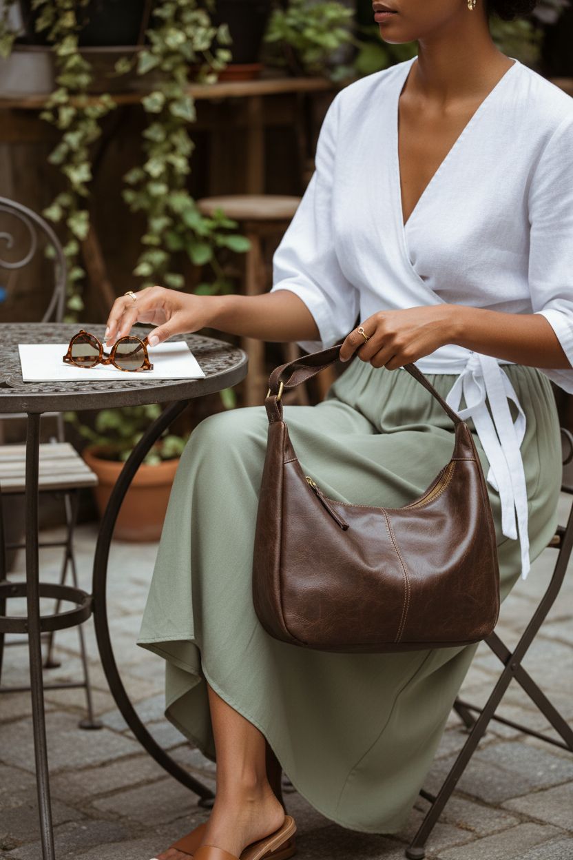 Floerns soft PU leather crossbody bag showcased at a cozy café setting.