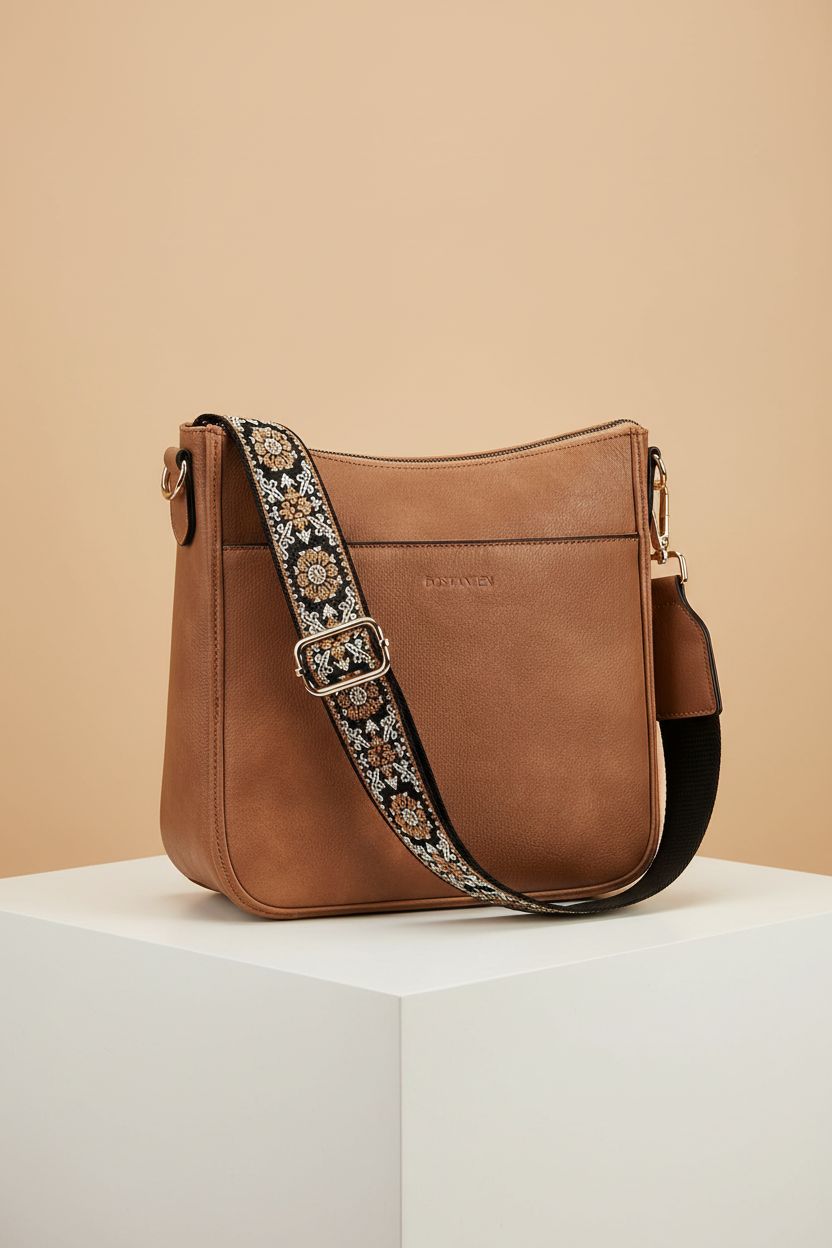BOSTANTEN structured brown crossbody bag on a pedestal, highlighting its elegant design