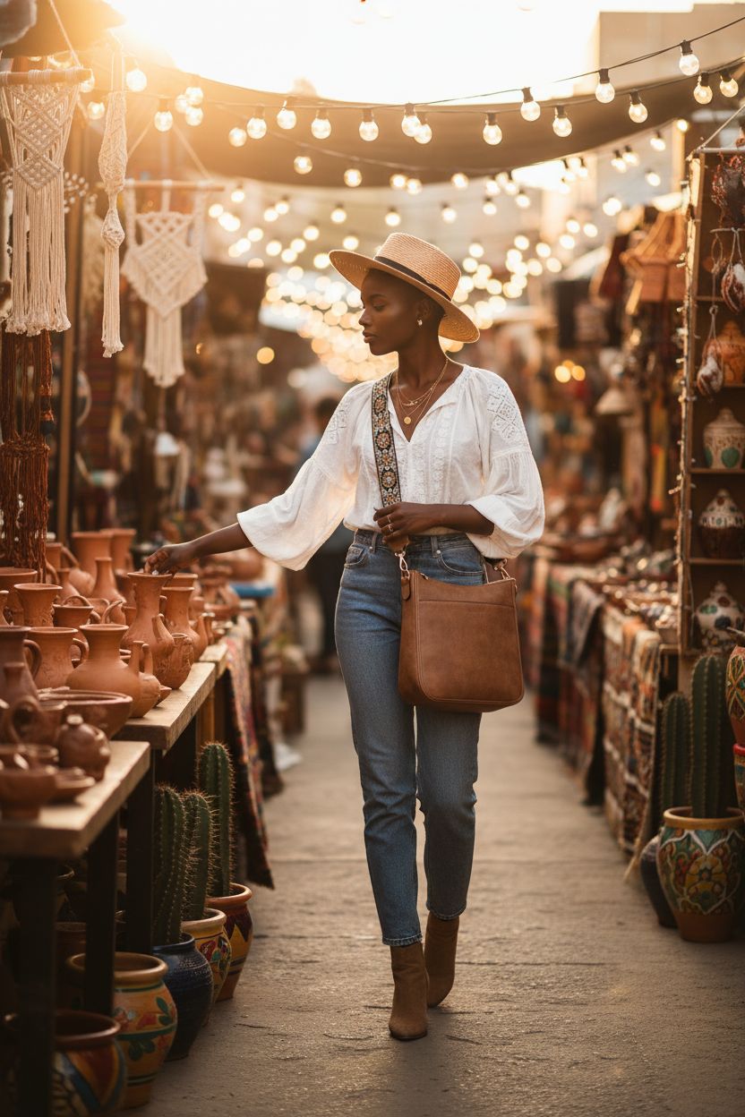 BOSTANTEN boho crossbody bag in brown, resting at hip height among artisan market decor