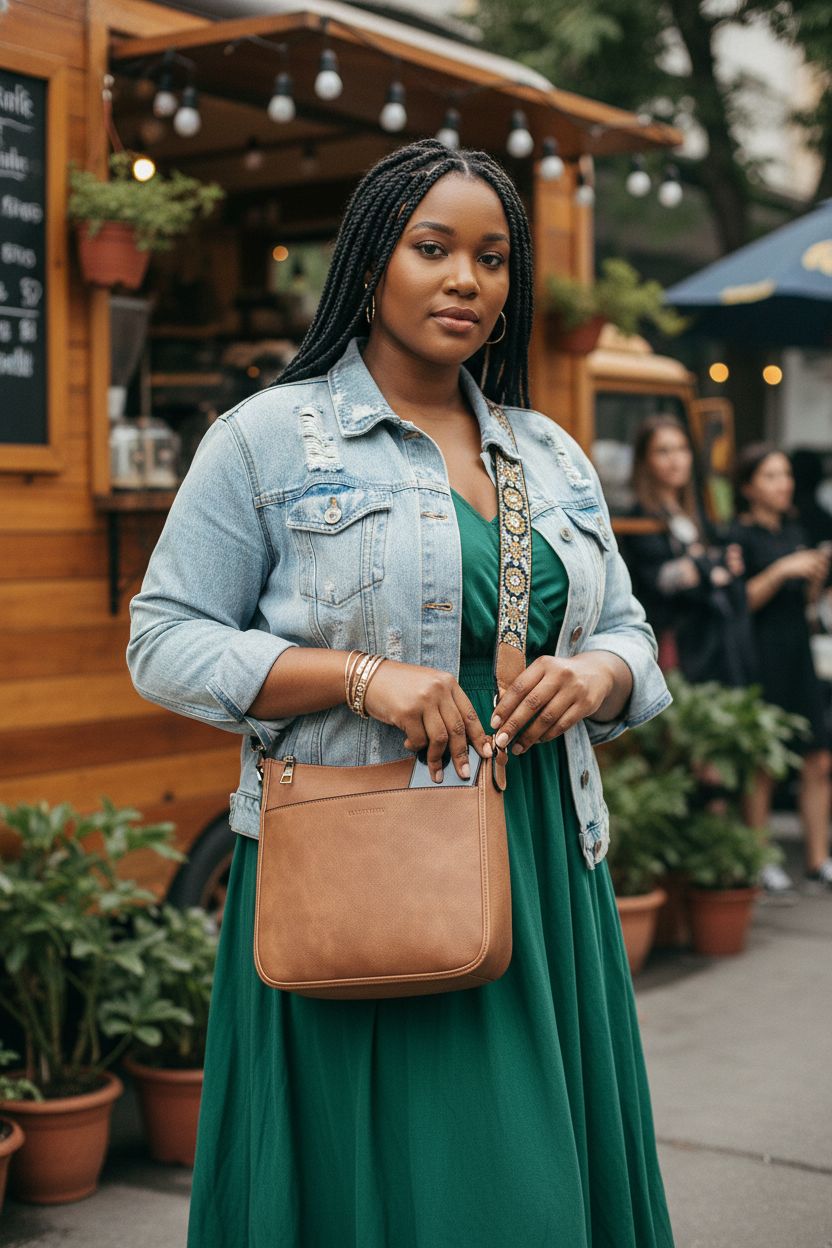 BOSTANTEN brown hobo purse with patterned strap at a coffee truck, perfect for casual outings