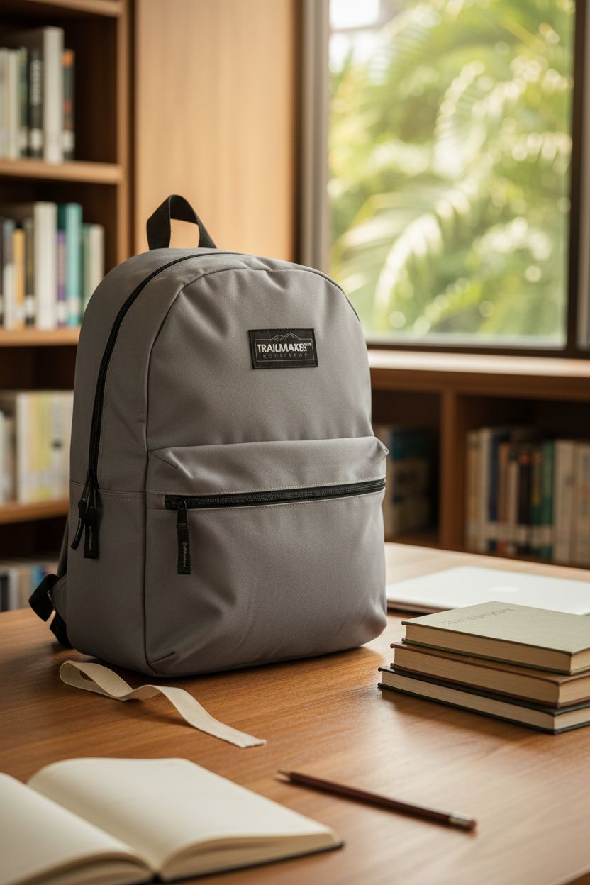 Trail maker grey backpack on a wooden table in a cozy library nook, surrounded by books and a laptop.