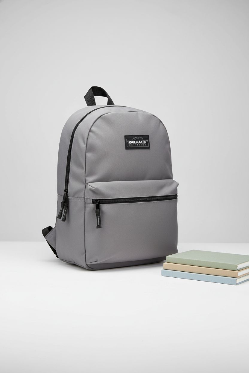 Trail maker Classic 17-inch grey backpack showcased in a studio, highlighting its sleek design and quality materials.
