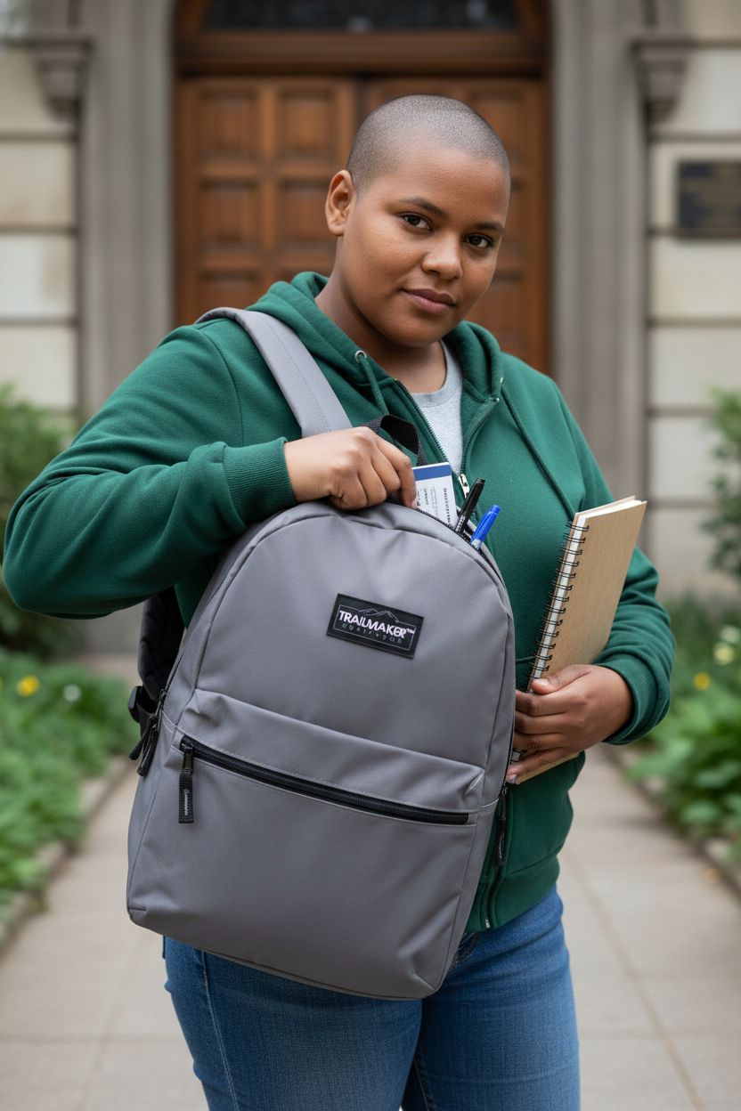 Trail maker grey backpack with adjustable straps, perfect for school, resting on one shoulder near a library.