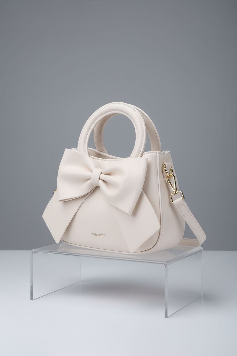 Product shot of CHERUTY bow purse showcasing vegan leather, gold hardware, and elegant design details.