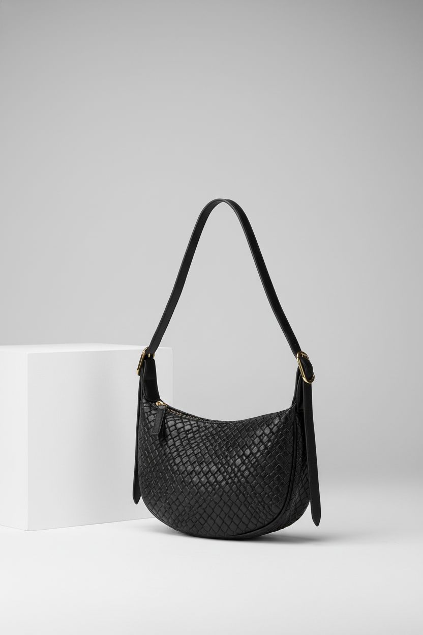 BOSTANTEN braided black crescent bag on gray backdrop showcasing design details