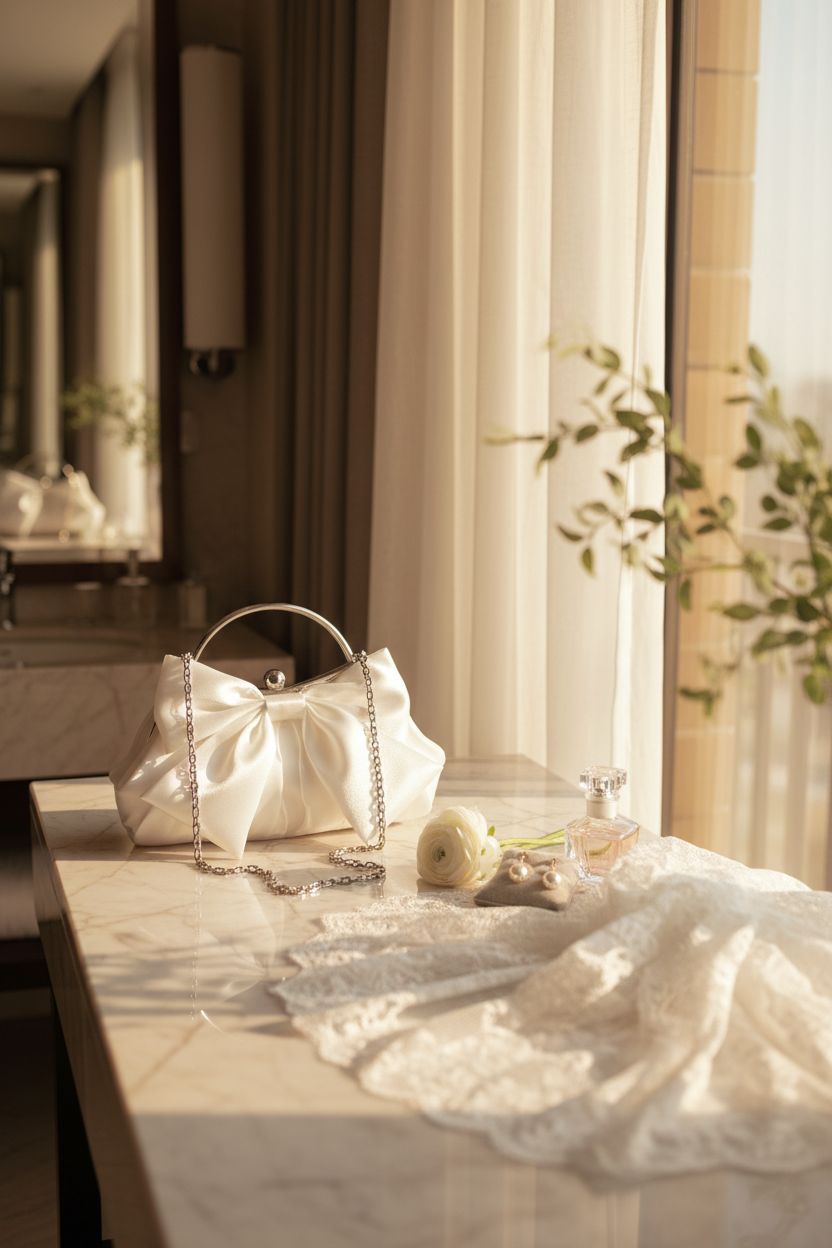 Verdusa evening bag on marble vanity with bridal accessories, evoking romance and elegance.