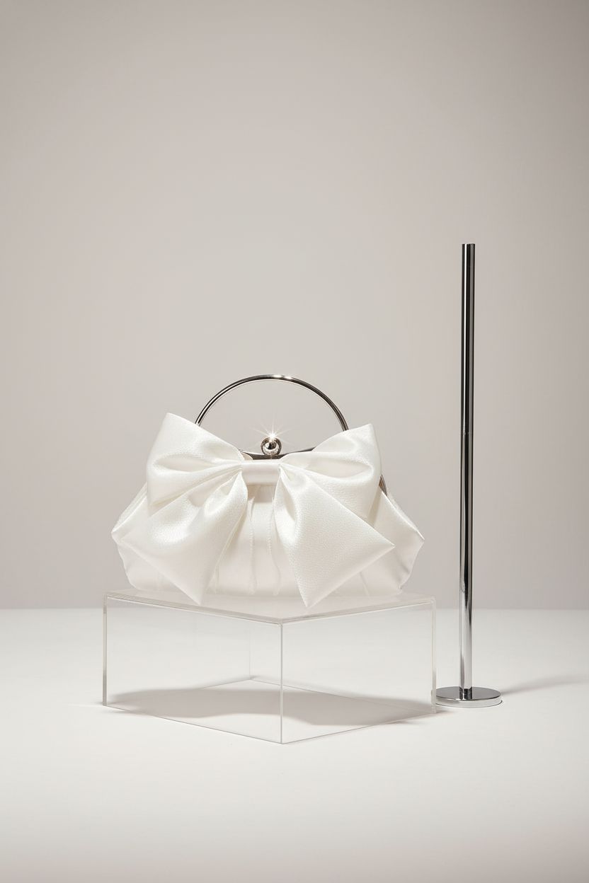 Product shot of Verdusa white bow clutch on acrylic riser, showcasing its sleek design.