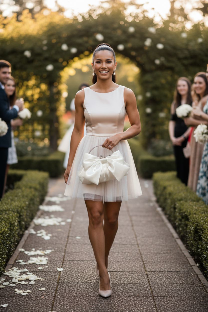 Verdusa bridal clutch in white with bow detail at a garden wedding, elegant and stylish.