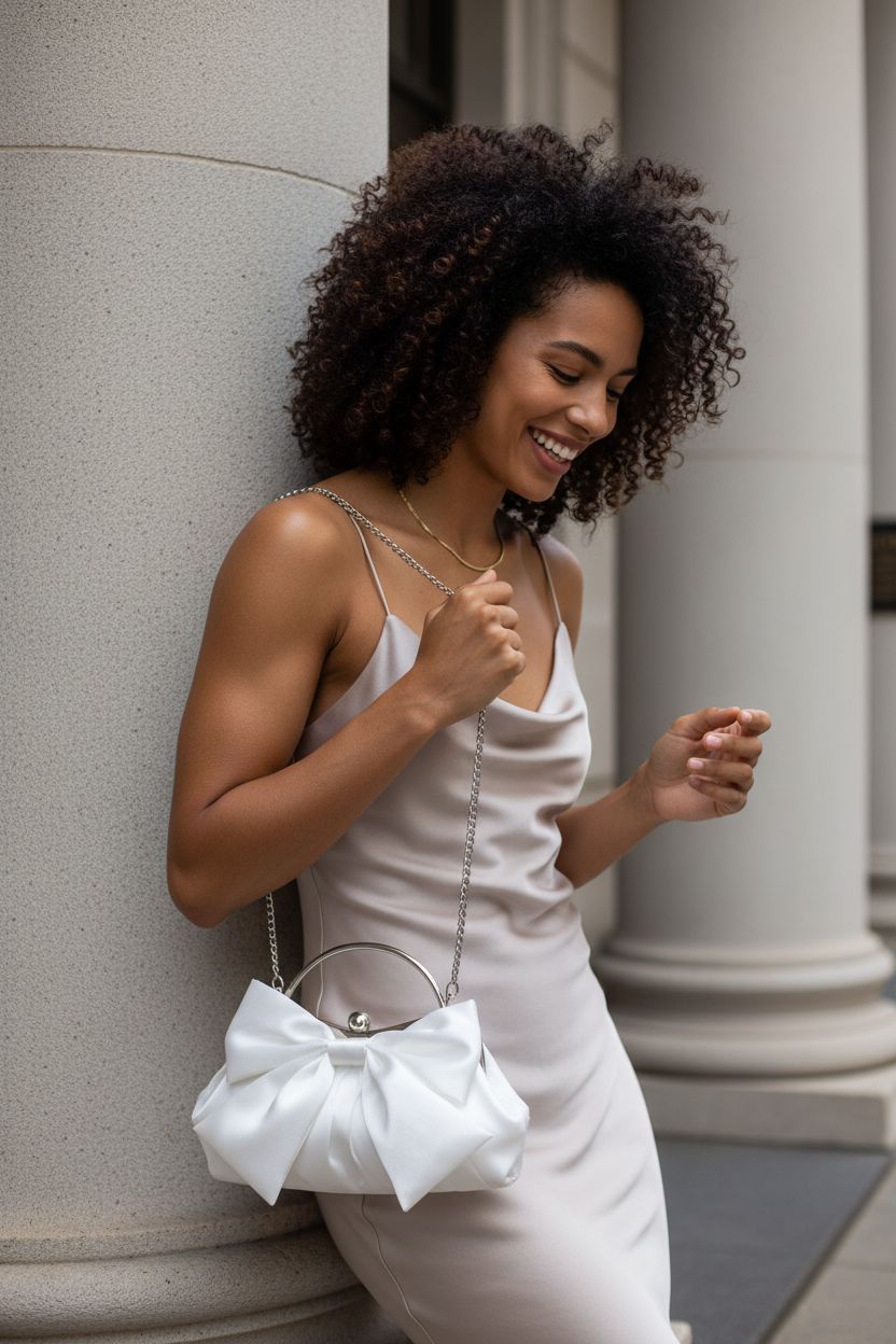 Chic Verdusa white bowknot clutch being lifted at town hall, perfect for modern brides.