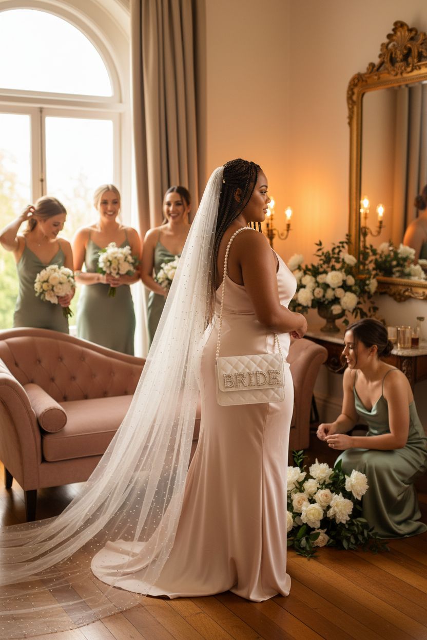 Eccliy white leather bride purse with pearl details in a sunlit bridal suite, perfect for the big day.