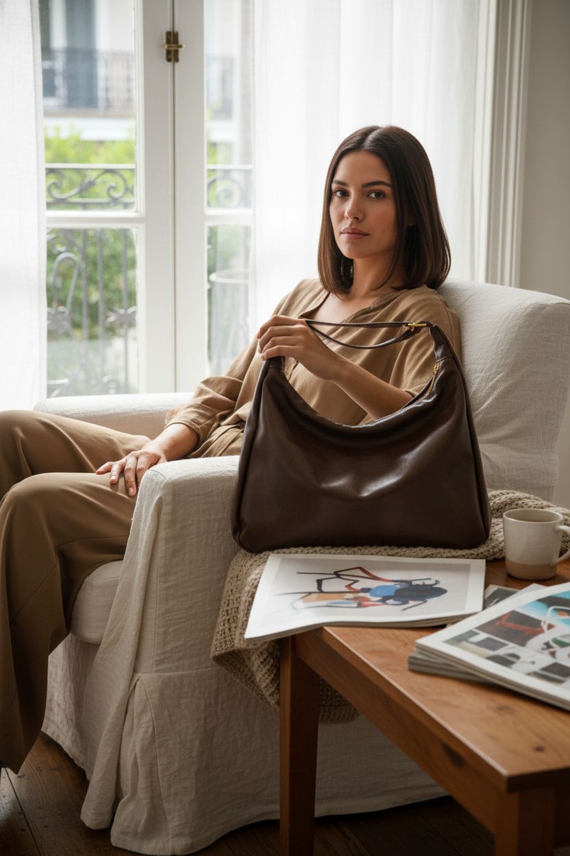 Celestina brown leather hobo bag on a walnut table, creating a warm and inviting atmosphere.