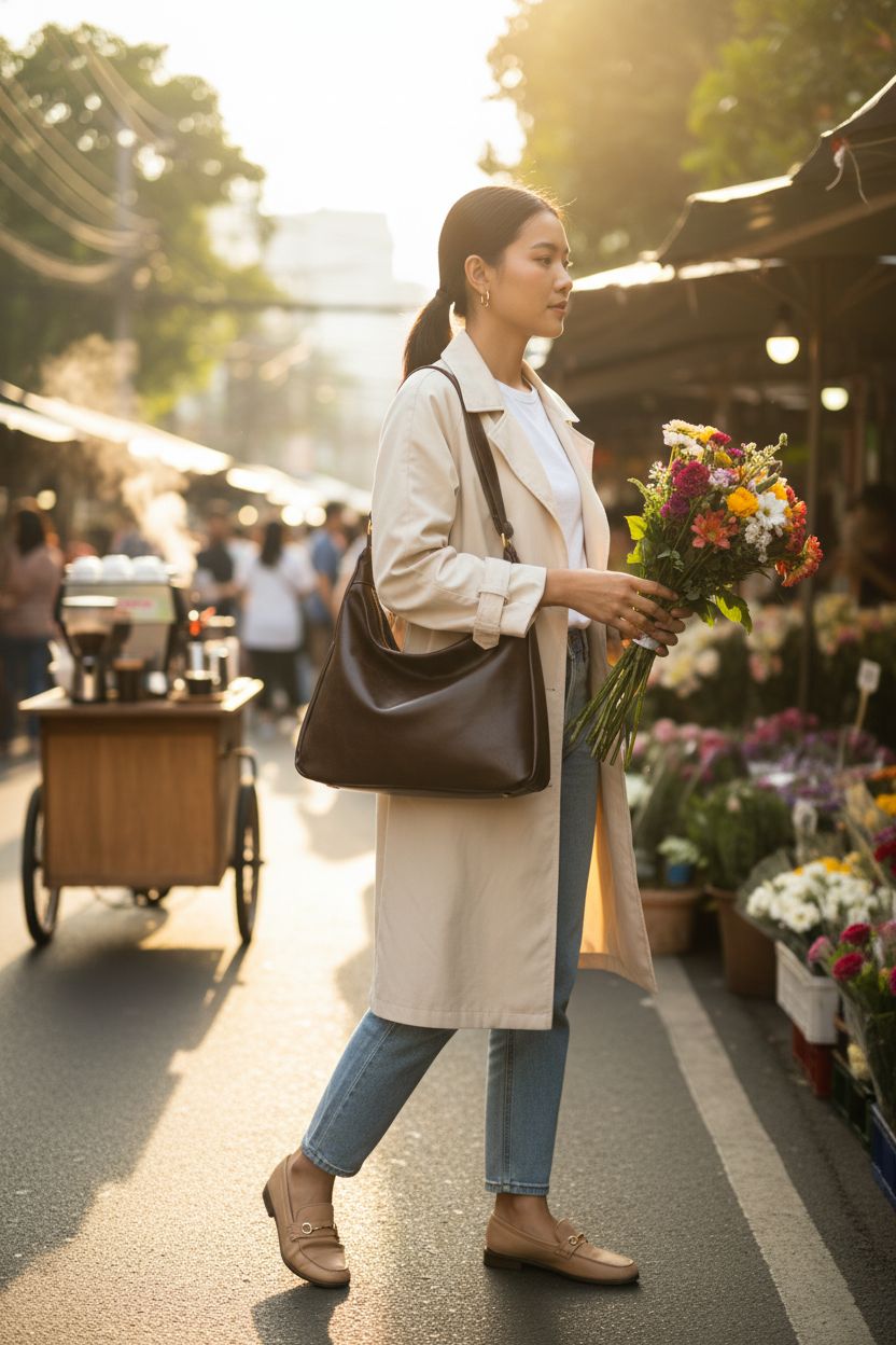 Celestina brown leather hobo bag on a model's shoulder at a market with flowers