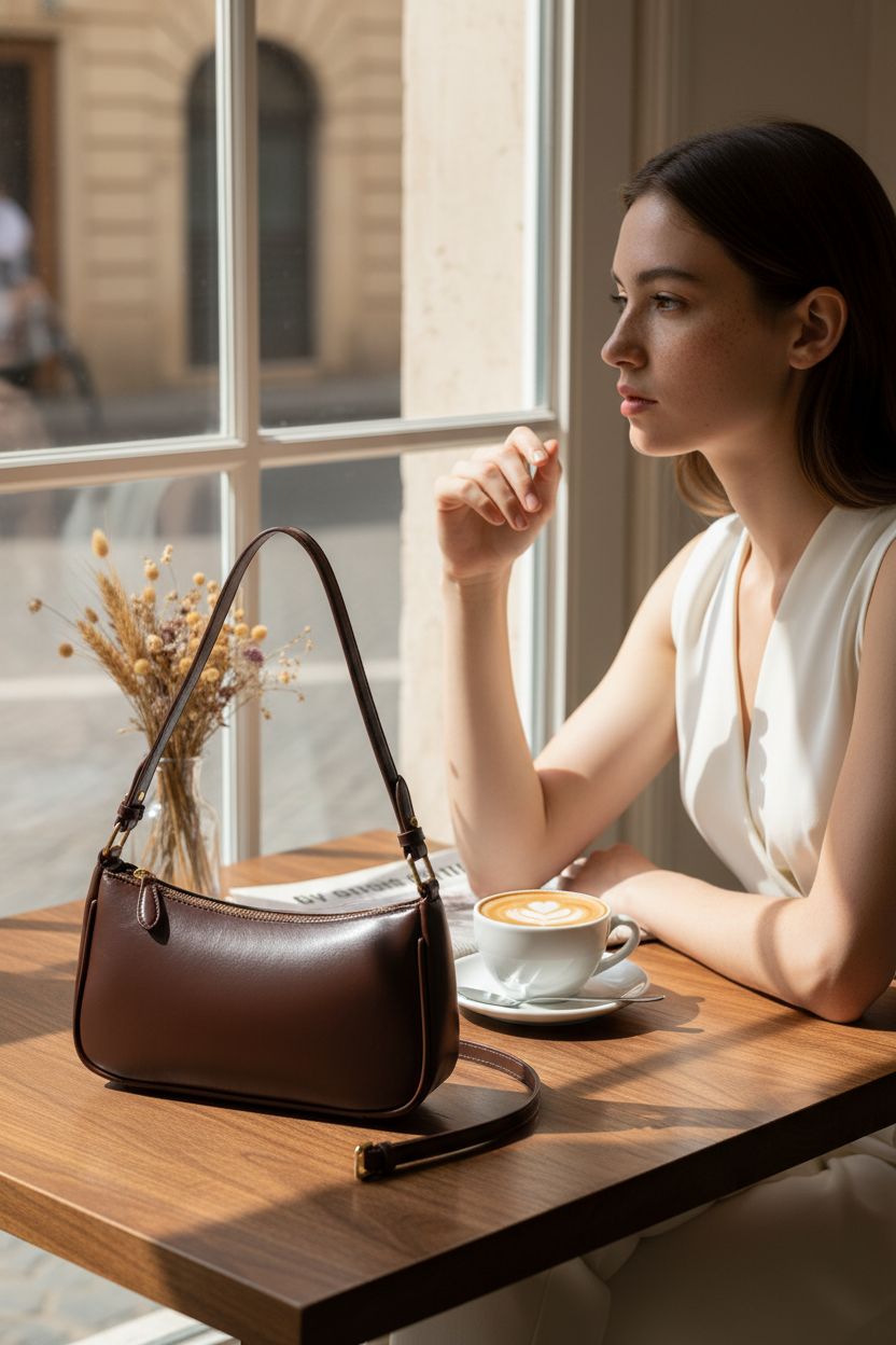 Cawgot crescent shoulder bag resting on a café table beside a cappuccino and dried flowers.